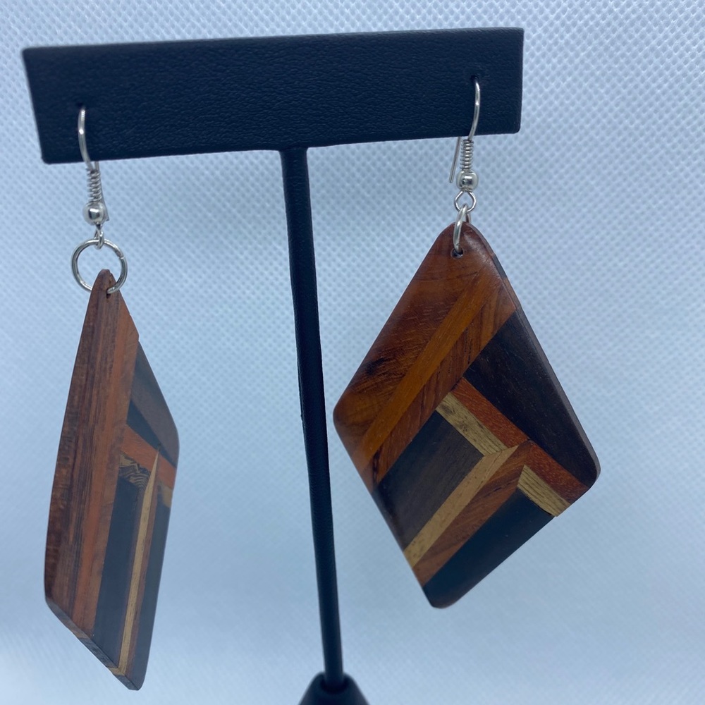 Large Boho Wood Inlay Dangle Earrings